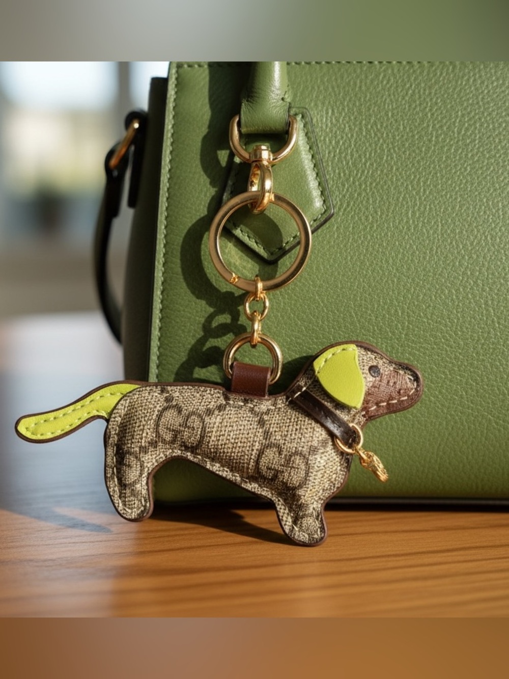 Designer Dog Keychain bag charm gold tone beige coated canvas Green Brown. New